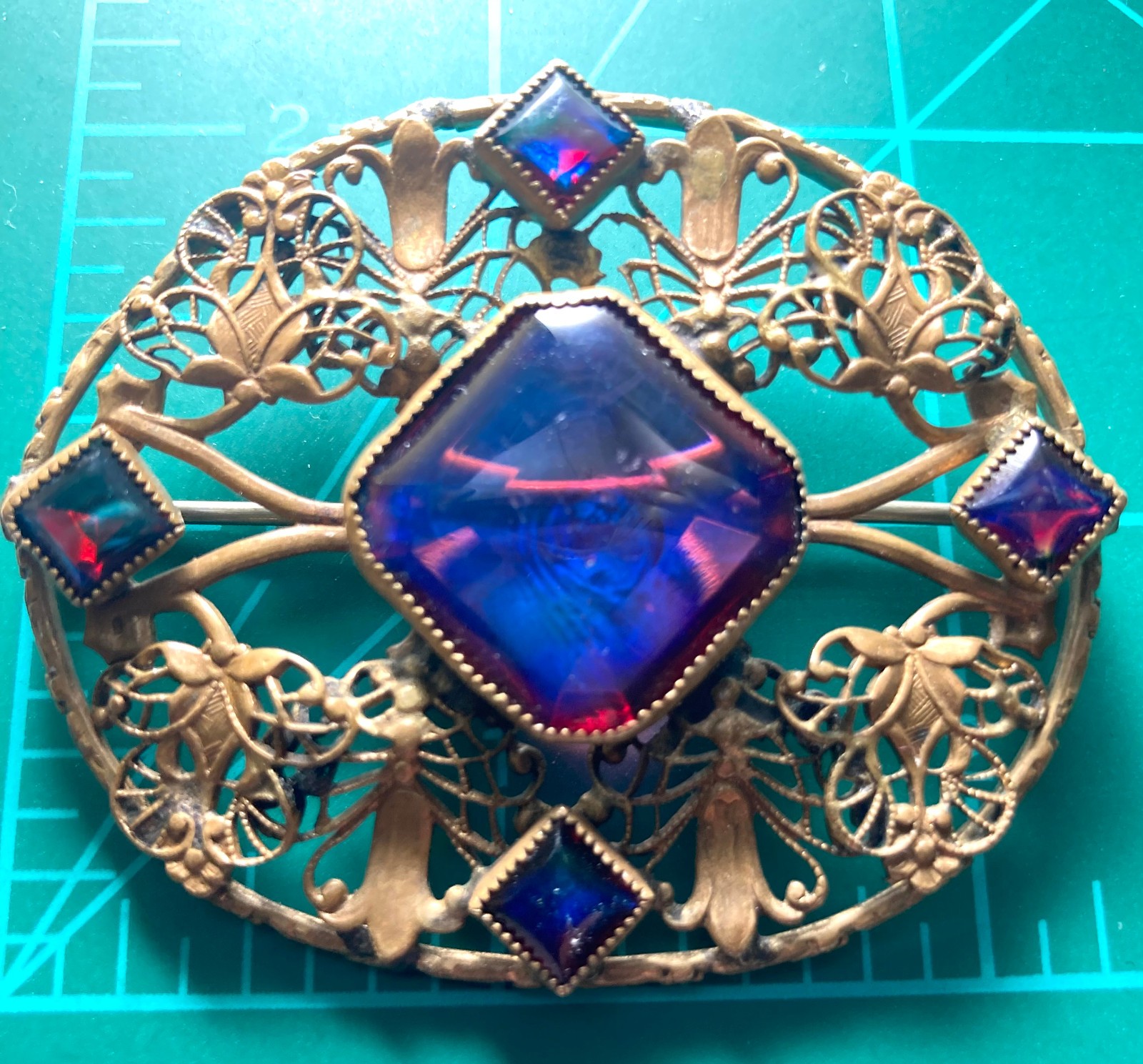 Large Antique Czech Art Deco Red Blue Dragons Breath Art Glass Brass Brooch Pin