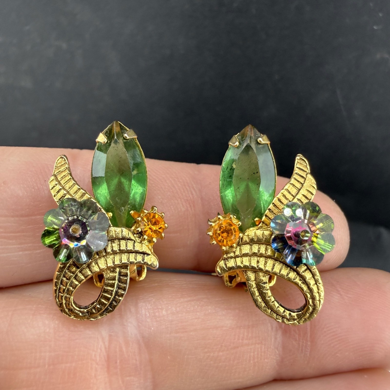 Vintage Juliana Rhinestone Clip On Earrings Gold Tone Flower Watermelon
