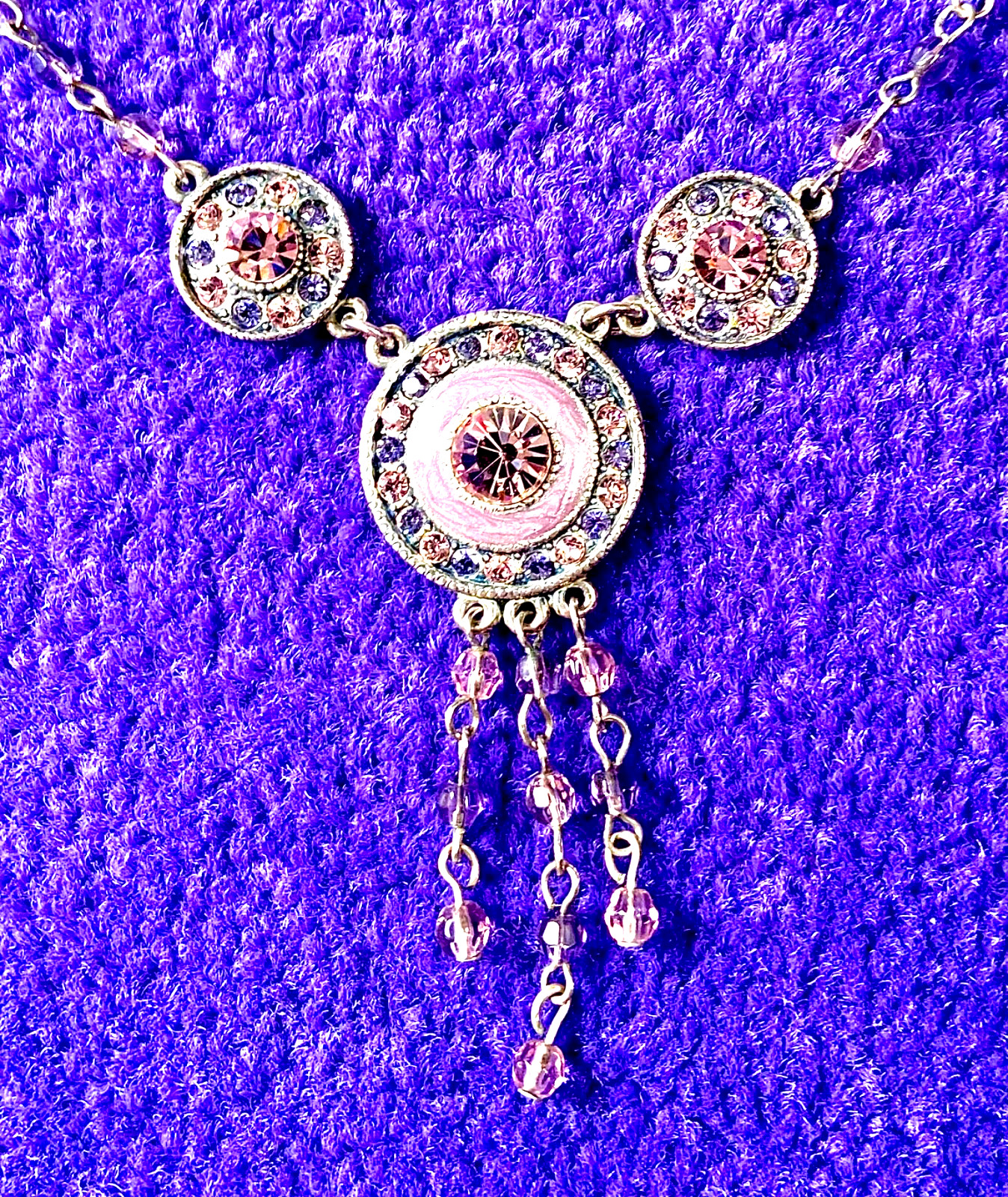VINTAGE🇺🇸1928 FAIRY FANTASY PURPLE+PINK AUSTRIAN CRYST+ENAMEL NECKLACE VG+✨VTG