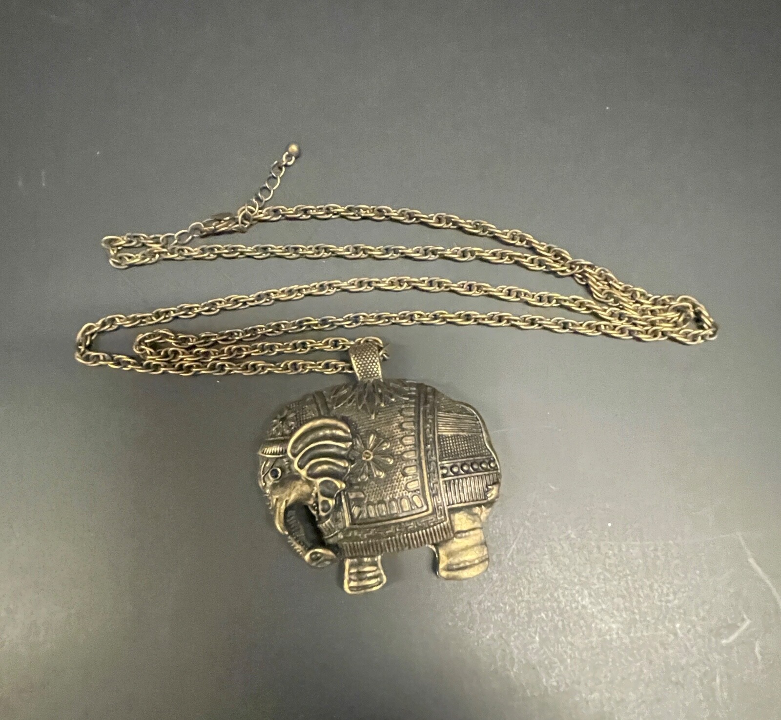 Large Elephant Pendant on Brass Tone Long Chain Vintage