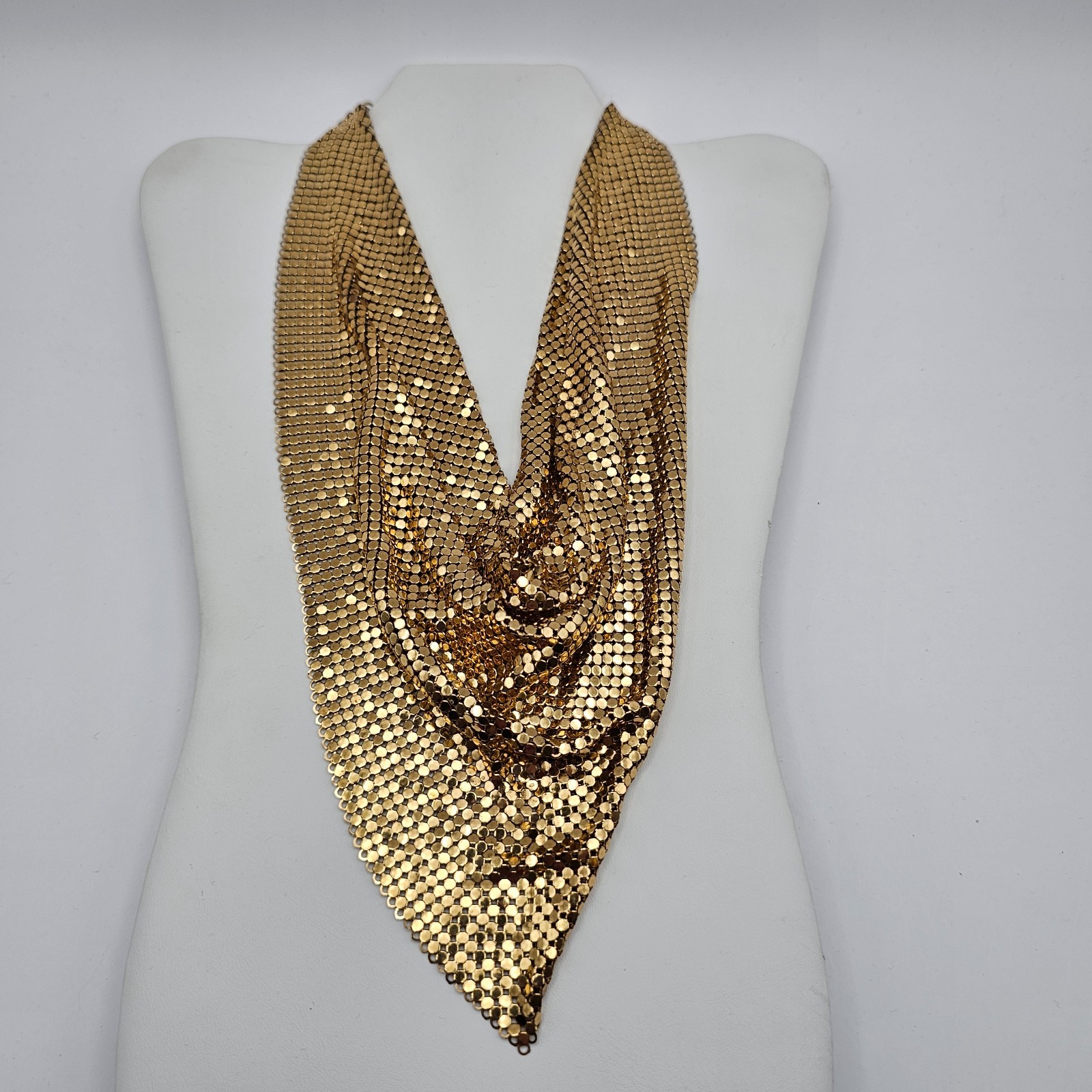 Vintage Whiting & Davis Gold Tone Mesh Scarf Bib Statement Necklace Disco