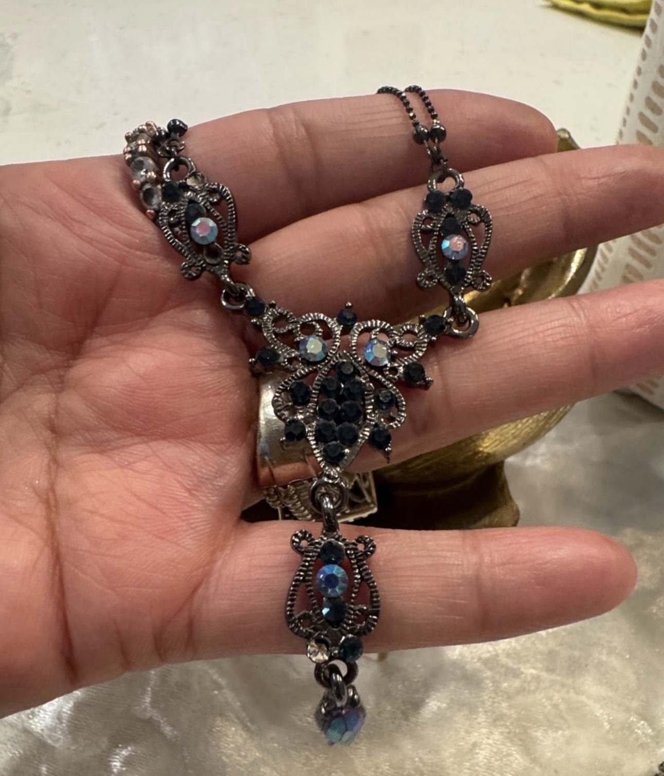 Vtg 1928 Co Victorian Revival Y Drop Black Crystal Necklace
