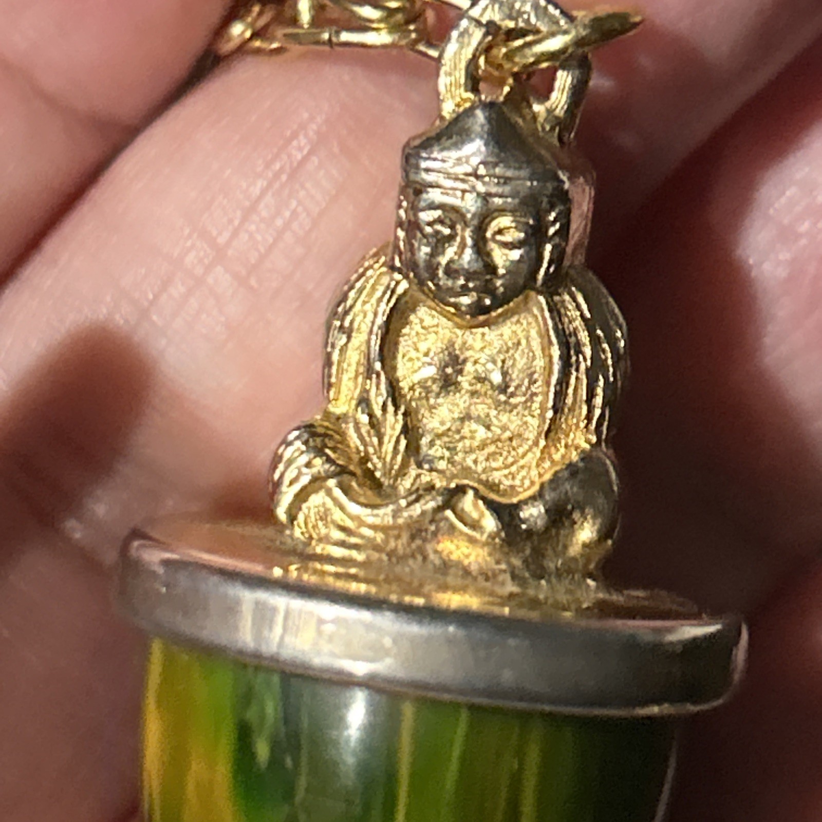 Vintage 30g Green Yellow Tested Bakelite Buddha Fob Pendant French 32” Necklace