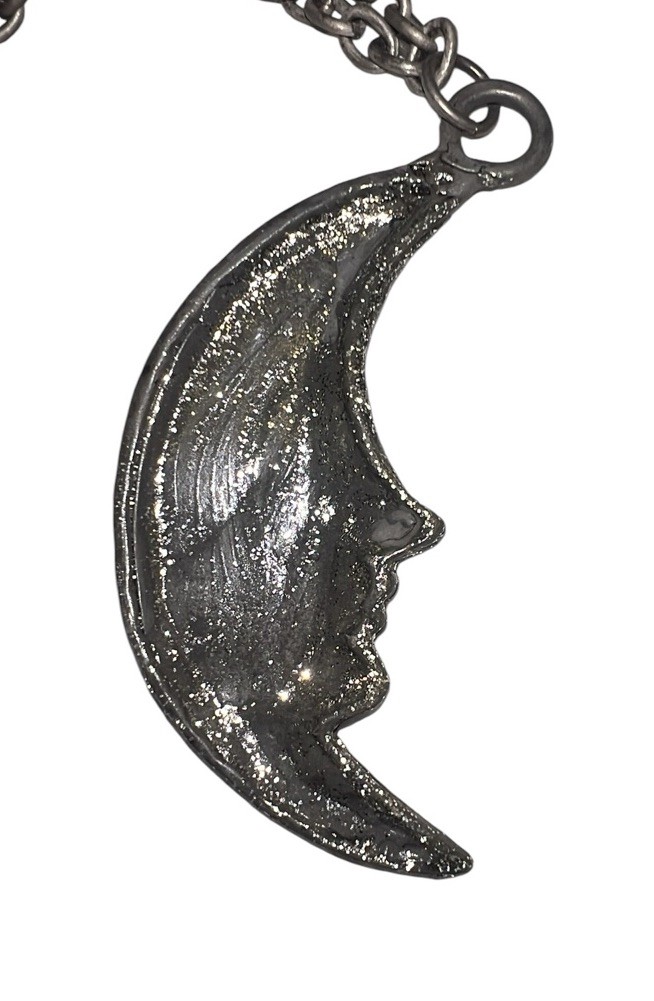 Vintage Crescent Man In The Moon Face Necklace Celestial Silver Metal Sparkle