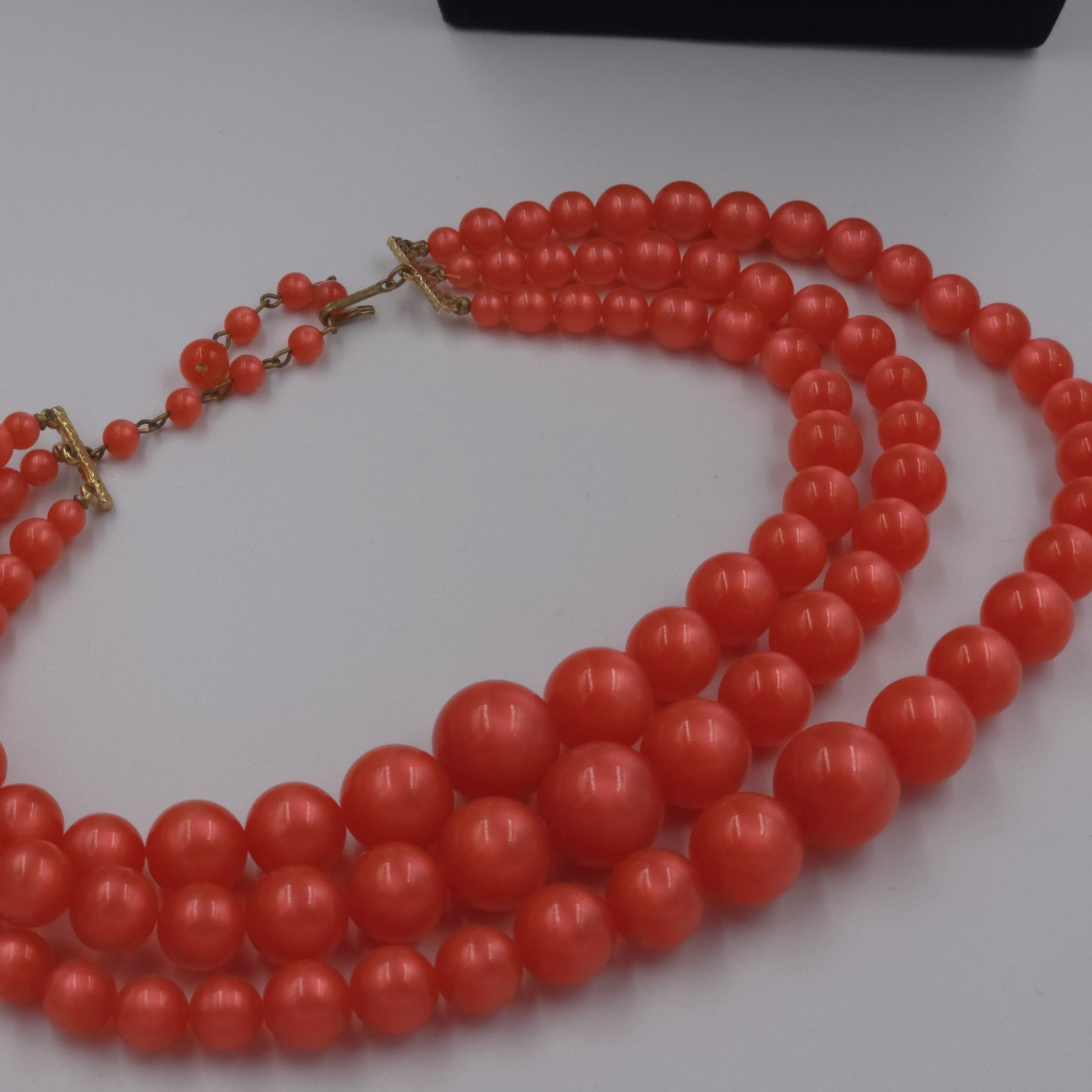 Vintage Triple Strand Necklace Bright Orange Moonglow Beaded Chunky Statement