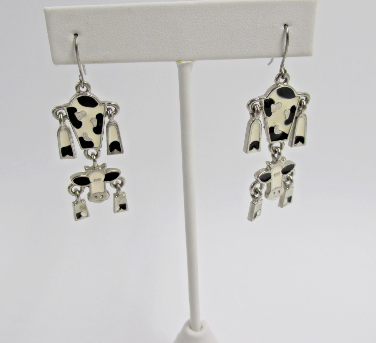 Edgar Berebi Enamel Cow Dangle Earrings Signed EB Silver Tone Articulated
