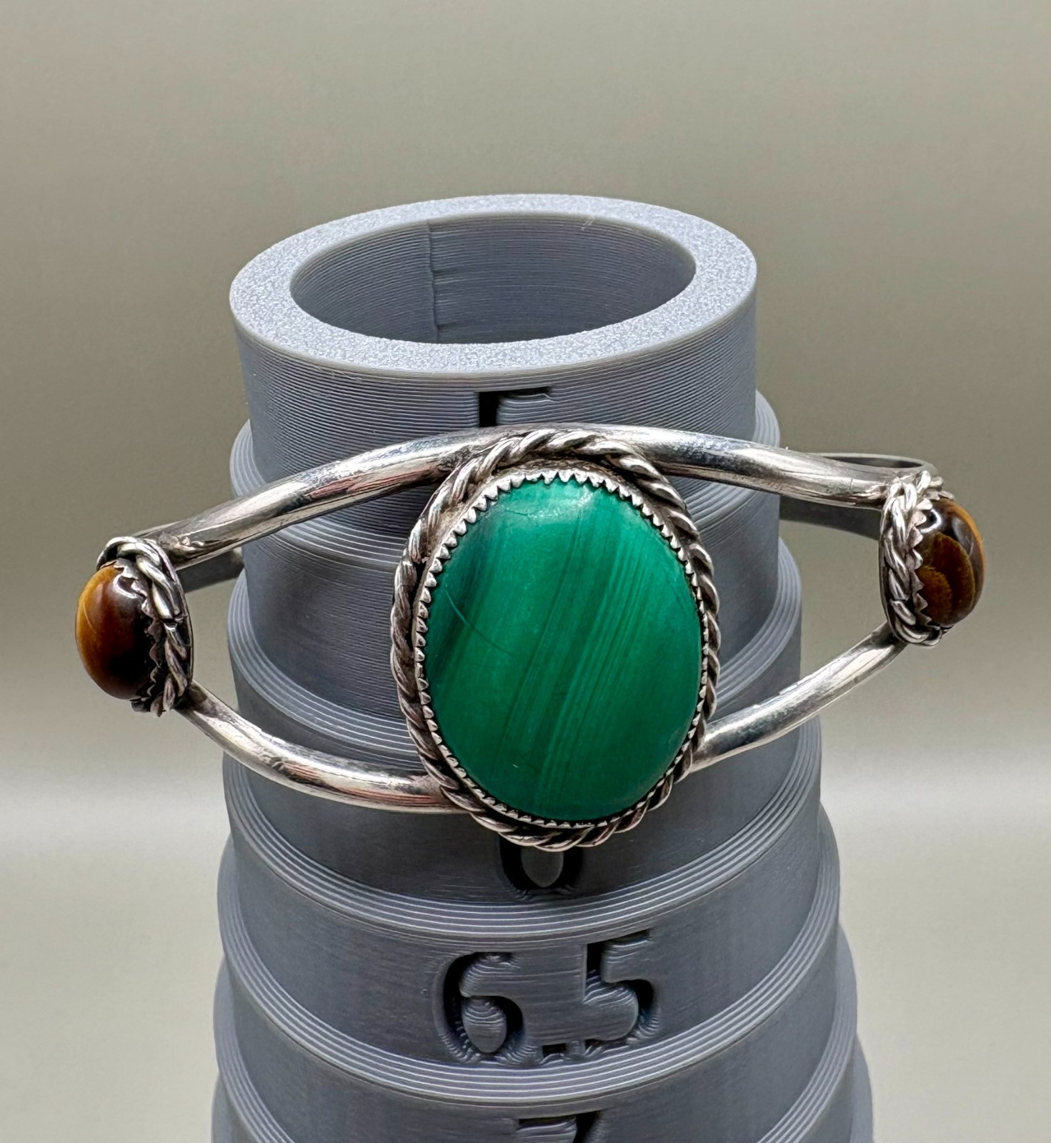 Vintage Sterling Silver Malachite Tiger Eye Open Cuff Bracelet Southwest 24.7g