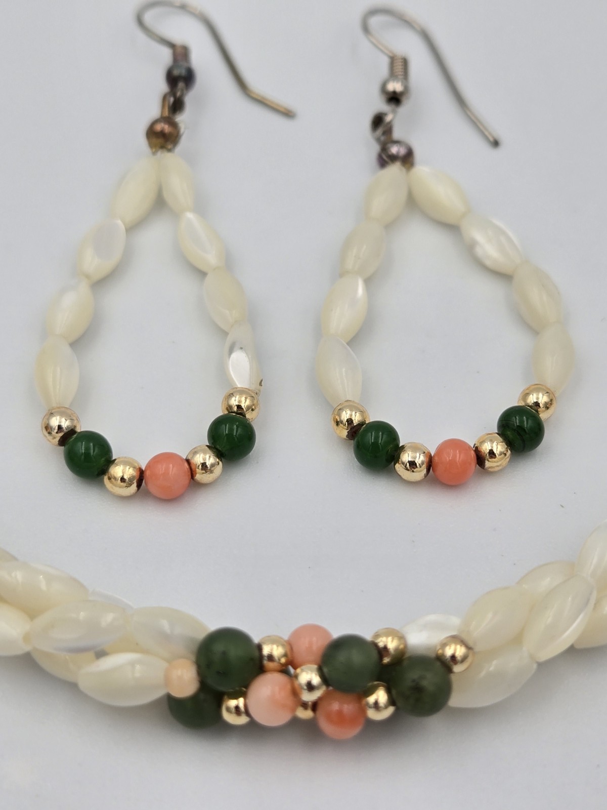Vintage Mother of Pearl Rice Bead Braided Bracelet & Earrings Set Coral Jade…