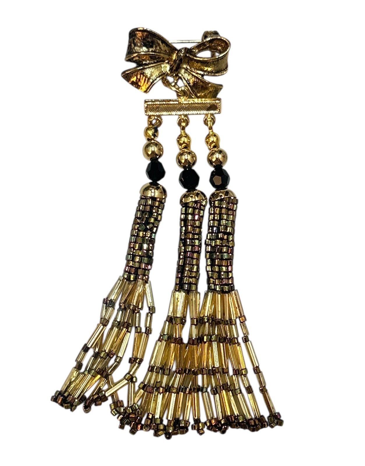 Vintage Gold Tone Bow Tassel Brooch Dangle Beaded Fringe Pin Retro Statement