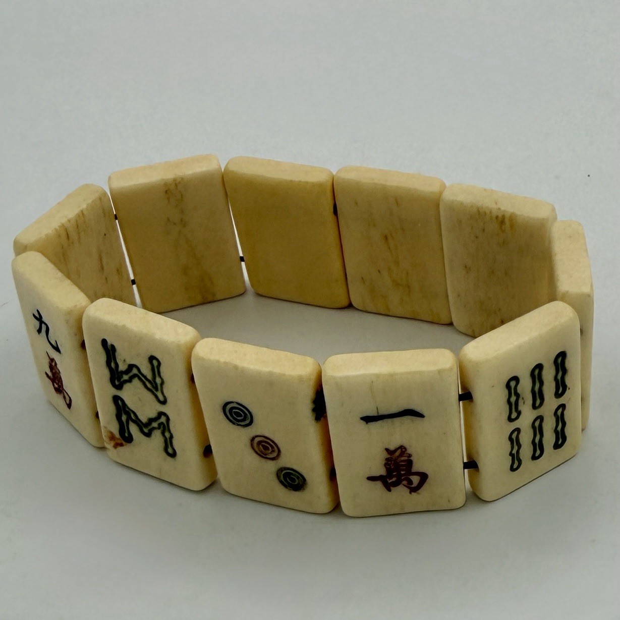 Vintage Bone Mahjong Tile Bracelet With Elastic 1” x 5/8” Tiles