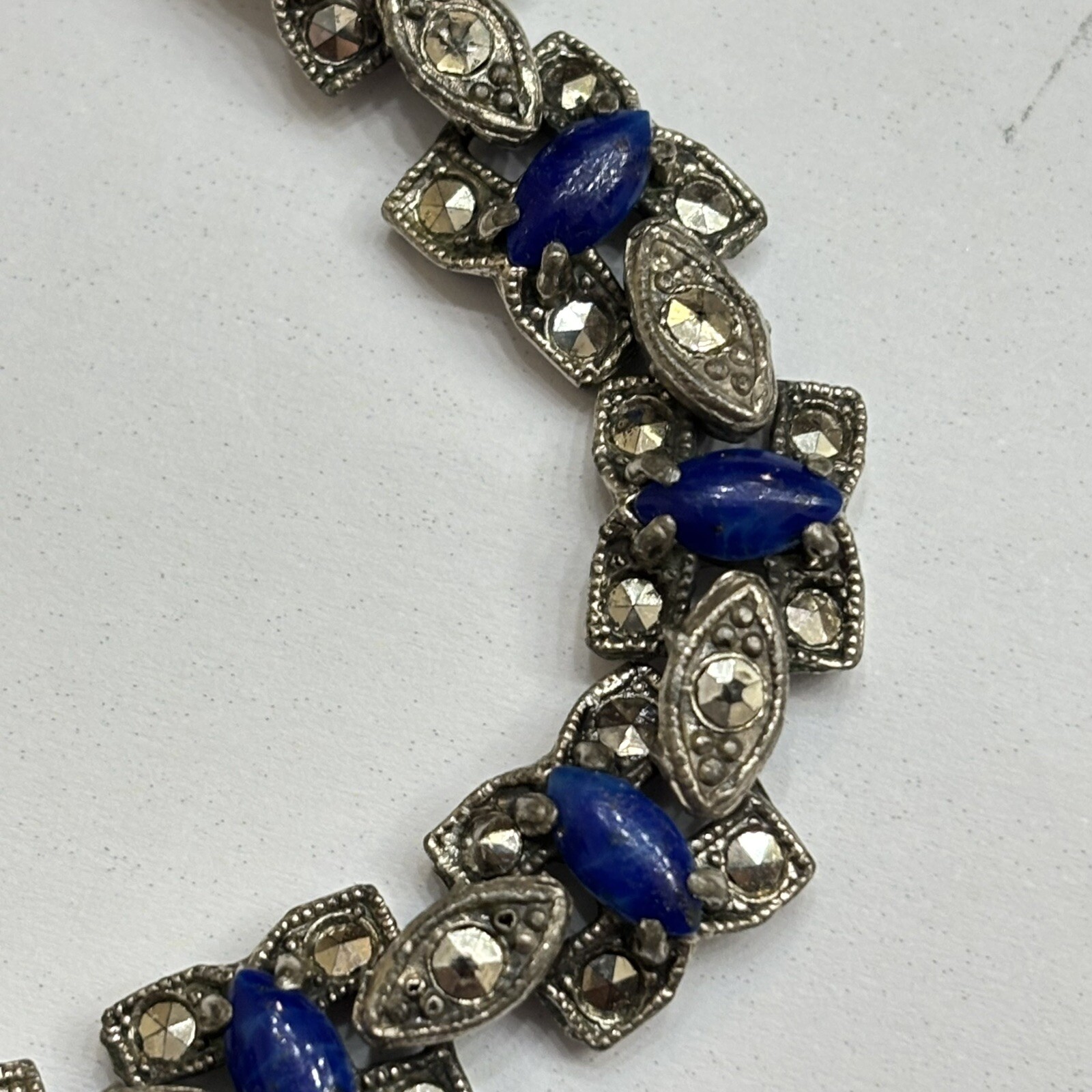 Blue & Marcasite Stoned Vintage Pot Metal 7” Bracelet No Missing Stones Sharp