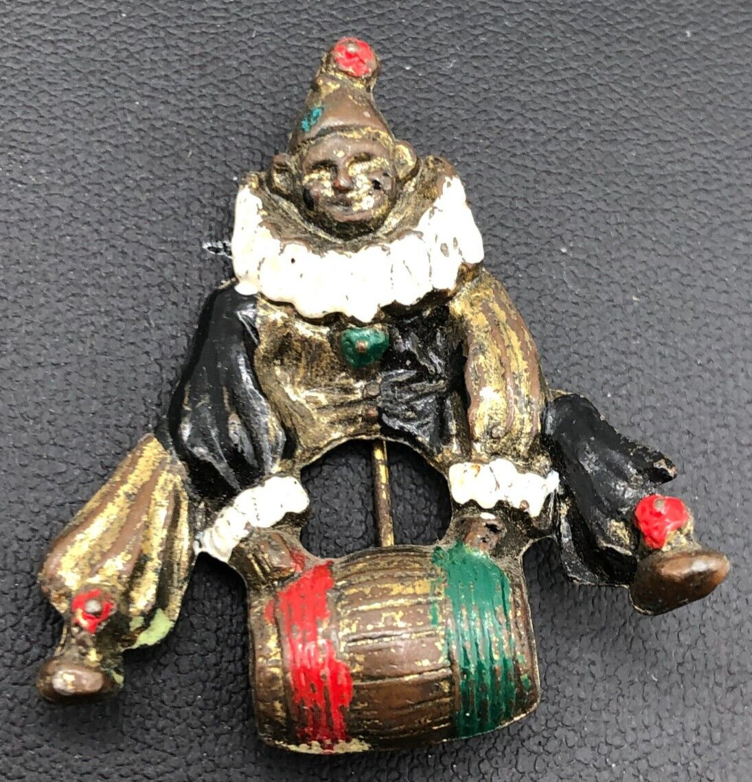 Antique Vintage Cast Iron Enamel Clown Pin Brooch C Clasp Early 20th Century
