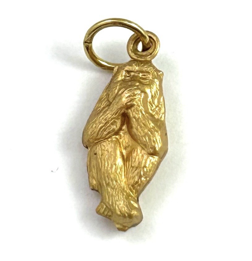 Vintage Charm Speak No Evil Monkey Necklace Pendant Puffy Brass Metal Jewelry