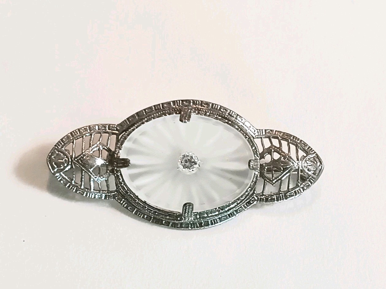Antique Vtg Camphor Glass Brooch Bar Pin Oval Filigree Silver Tone