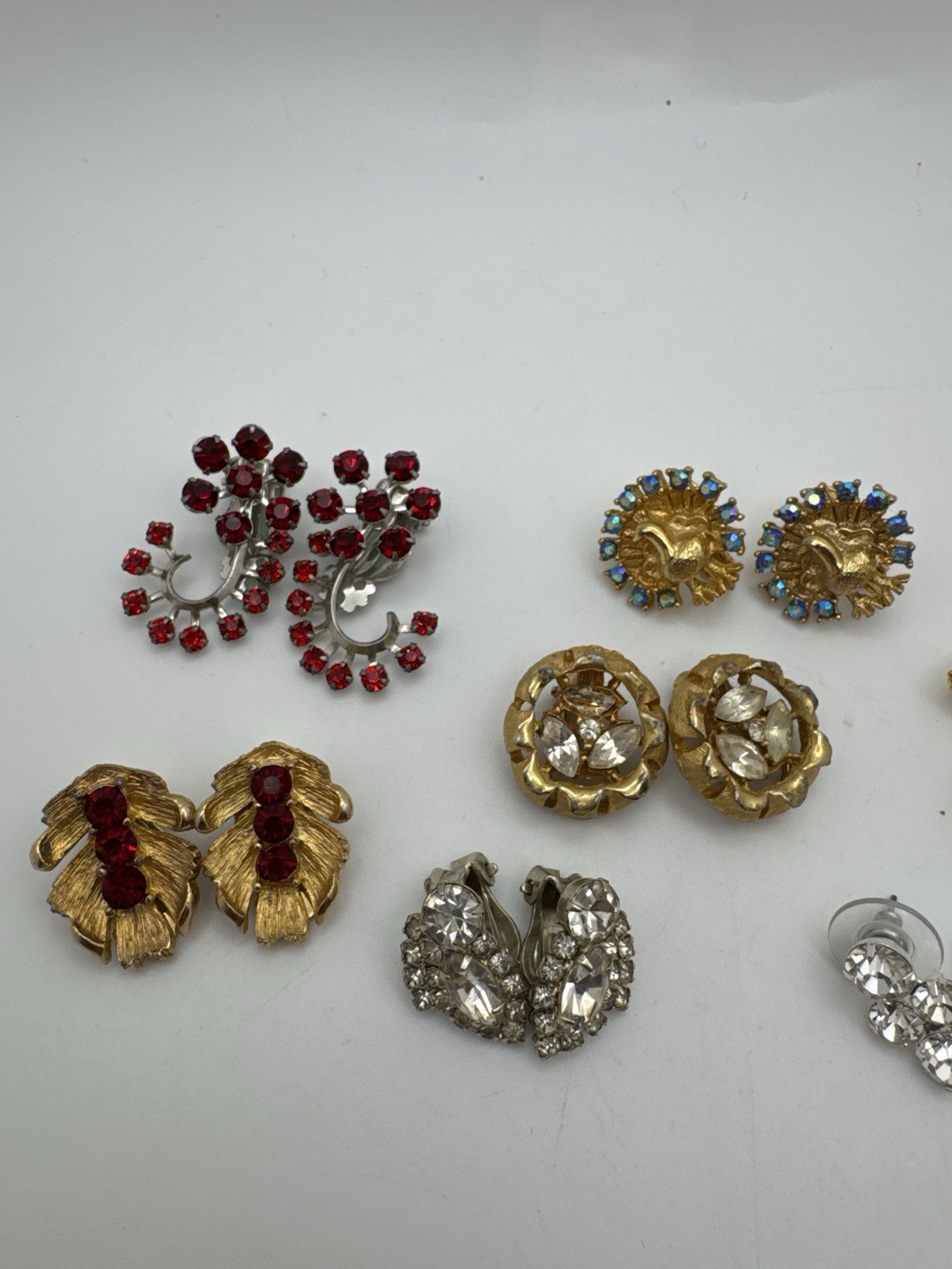 Vintage Clip On Earrings Lot Rhinestone Gold Tone Red Clear Estate Jewelry