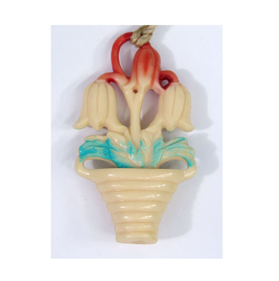 VTG 1930s Celluloid Hand-Painted 2″ Pendant Flower Basket Art Deco Necklace