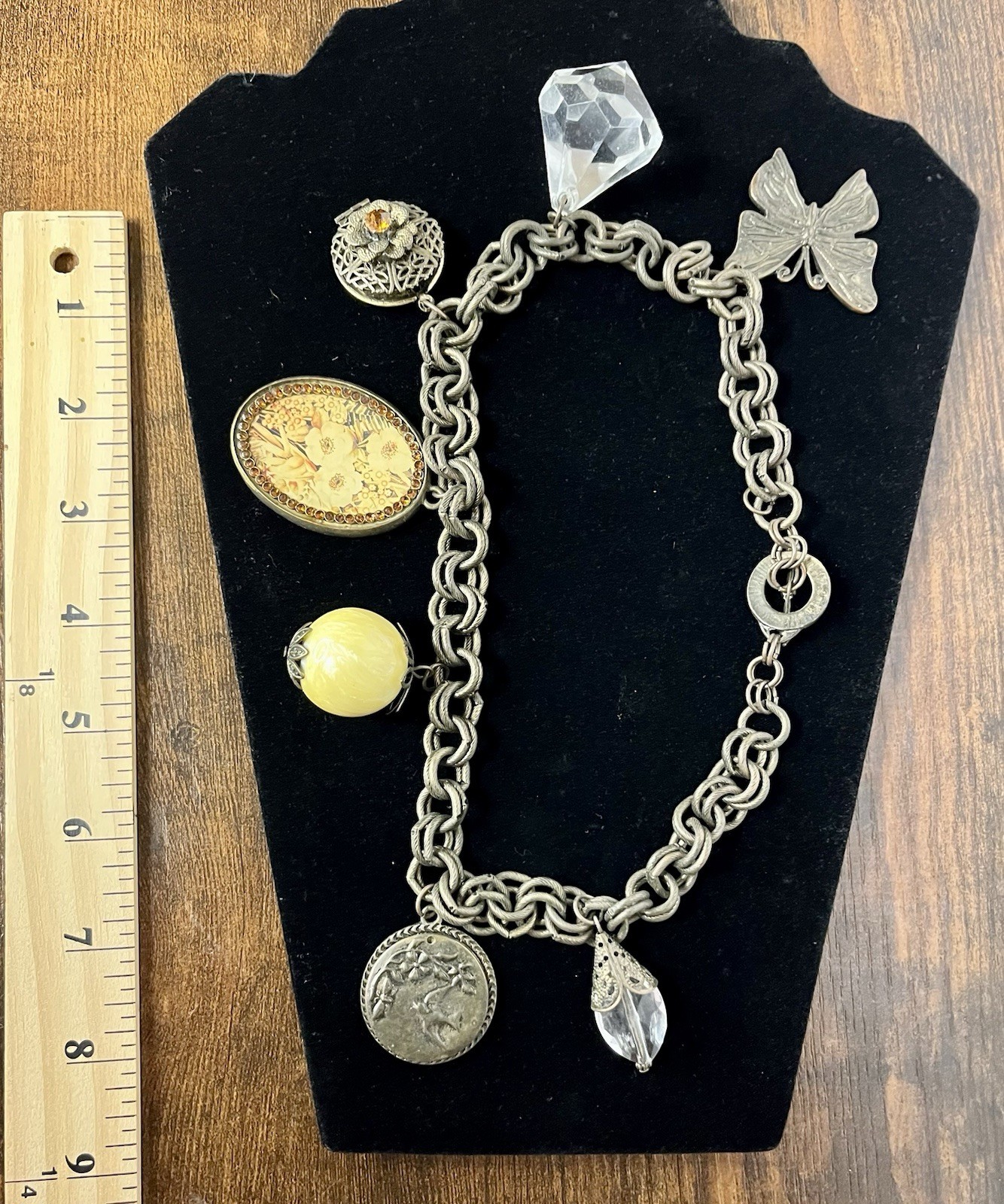 Vintage Chunky Charm Choker Silver Tone Necklace 14″ Long Hippie Trendy Boho