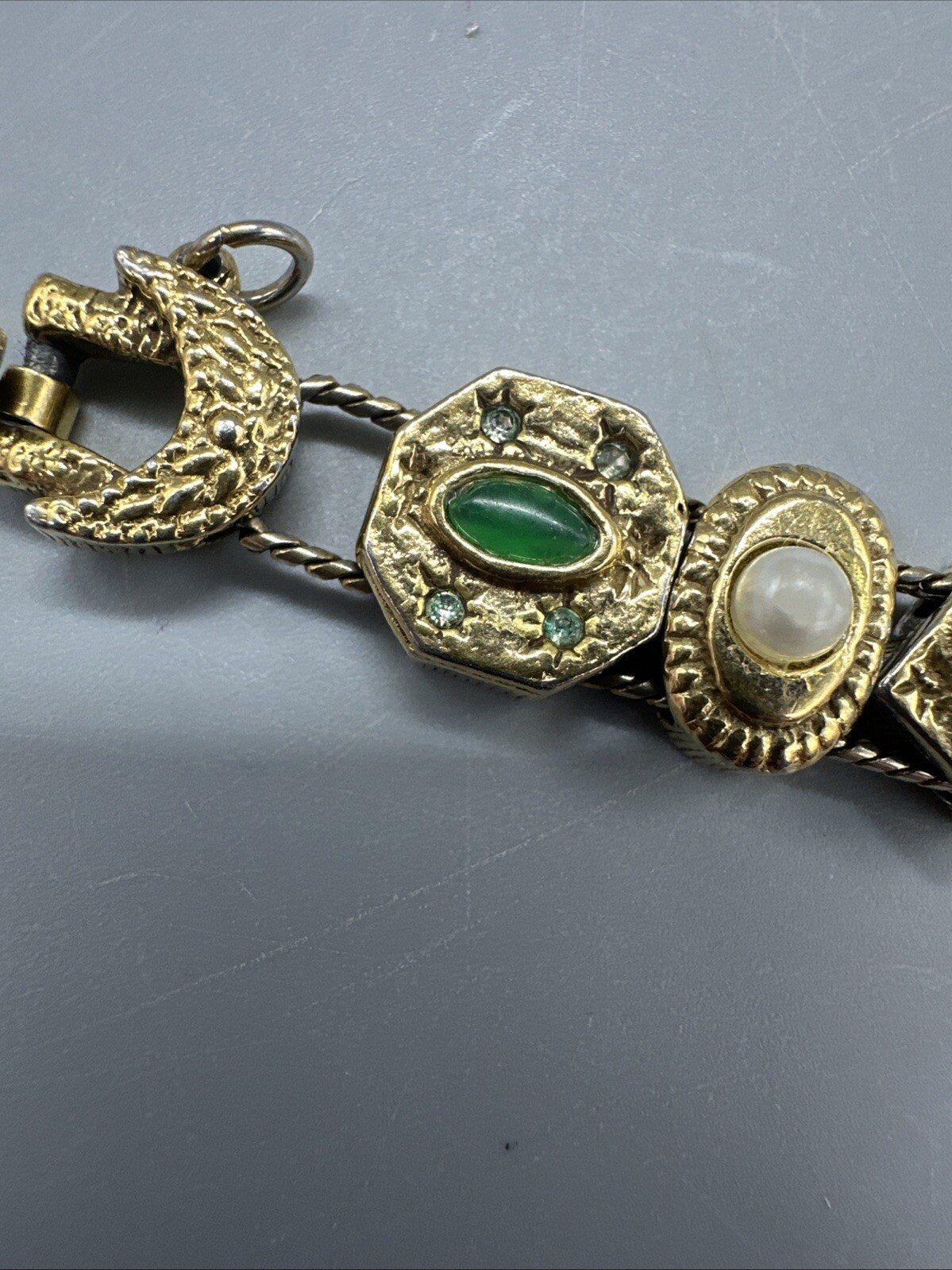 Vintage Signed Goldette NY Multiple Gemstones Safety Chain Slide Charm Bracelet