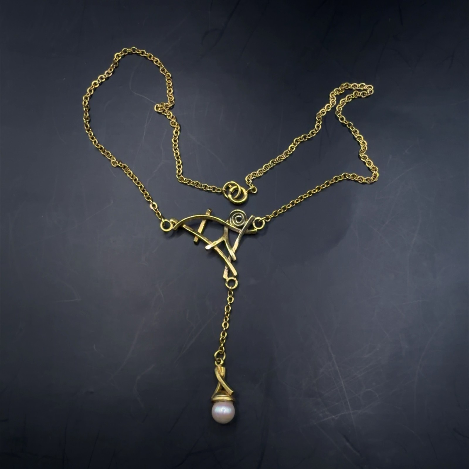 Vintage Yellow Gold Filled Freshwater Pearl Lavalier Necklace, 15 Inch, 5.5 gram