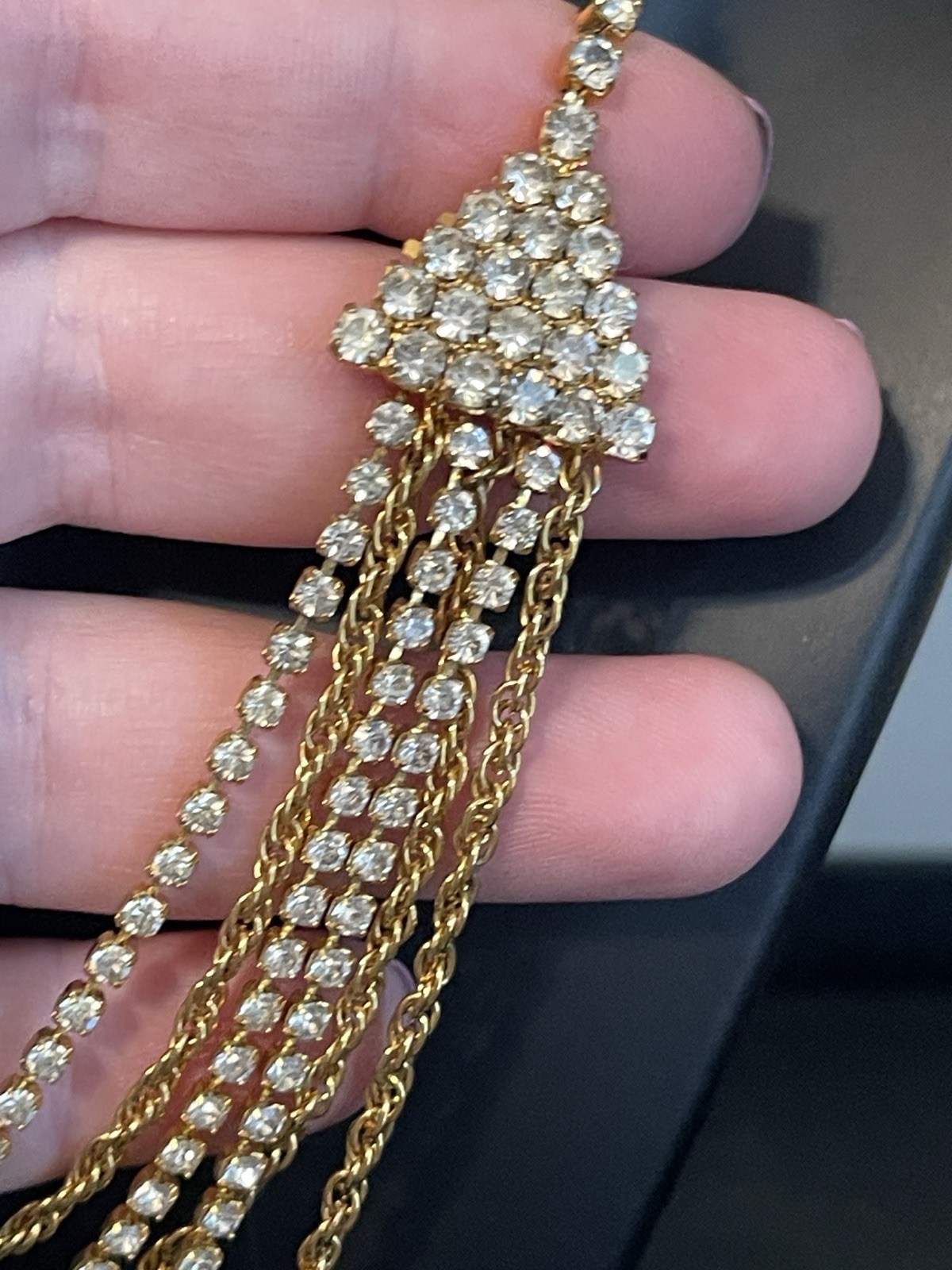 Vintage Multi-Strand Waterfall Rhinestone & Gold Chain Statement Necklace