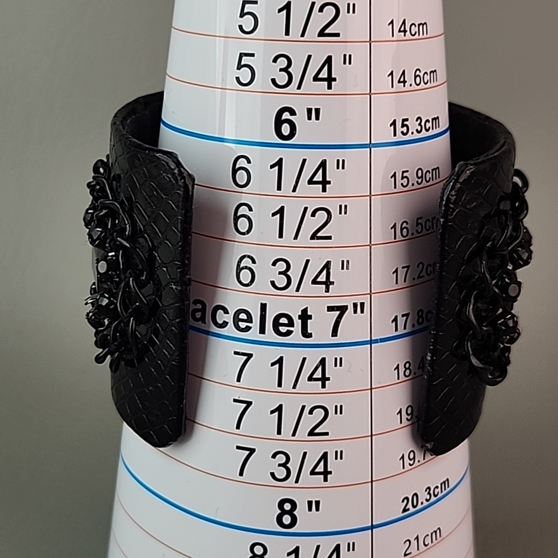 Cuff Bracelet Wide Black Faux Leather Chain Acrylic Beads 7″