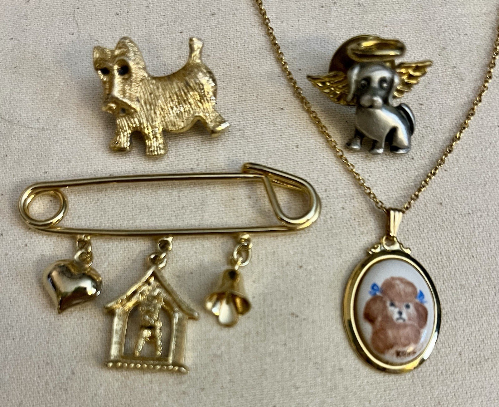 Lot of 4 Vintage Dog Puppy Themed Pieces of Jewelry Pins Necklace Scottie Poodle