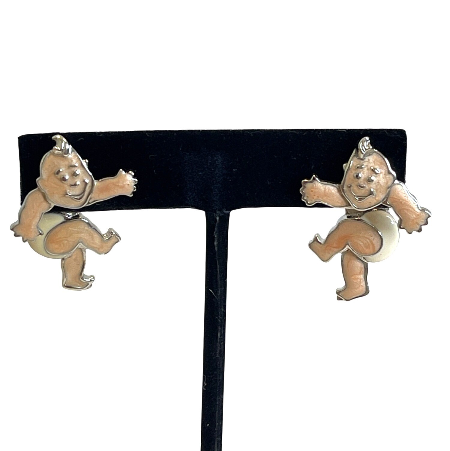Vintage Edgar Berebi 3D Articulated Enamel Swivel Baby Earrings Diaper Kewpie