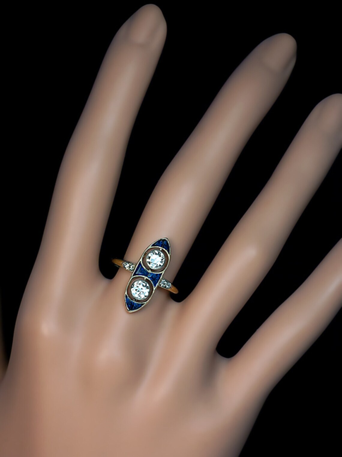 Two Round Moissanite & Fancy Blue Unique Long Finger Estate Ring 10K Rose Gold