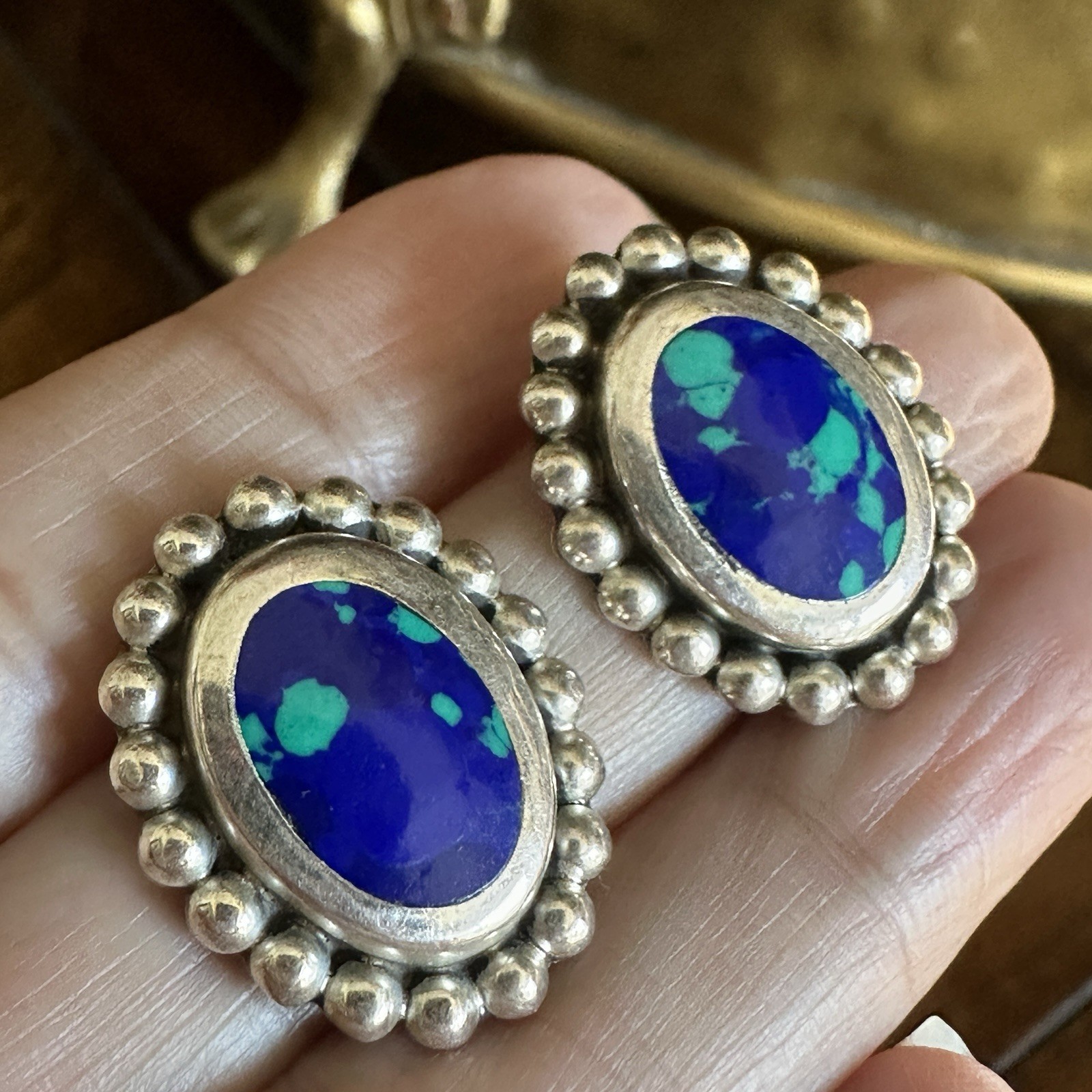 Vintage Mexico Stud Earrings 1″ Azurite Malachite Bead Accent 925 Sterling 8.8g