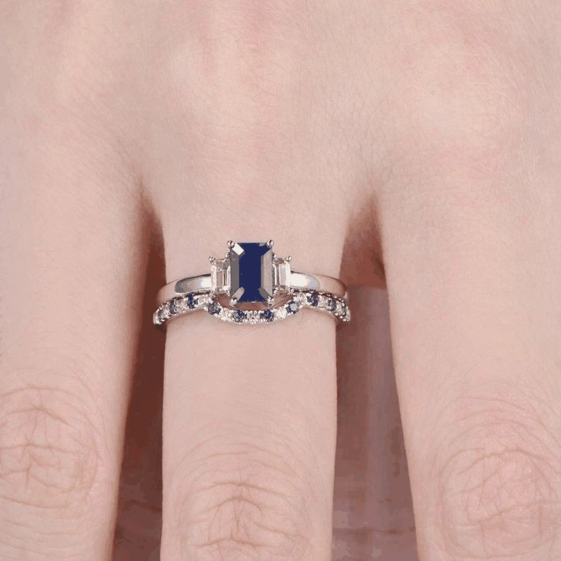 2.2Ct Emerald Cut Lab Created Sapphire & Diamond Engagement 14K Gold FN Ring Set