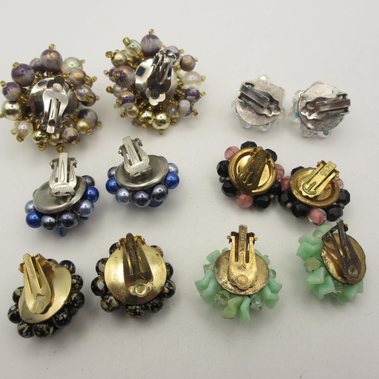 Vintage Cluster Beaded Earrings 6 Pair Hong Kong Japan Western Germany Clip Ons