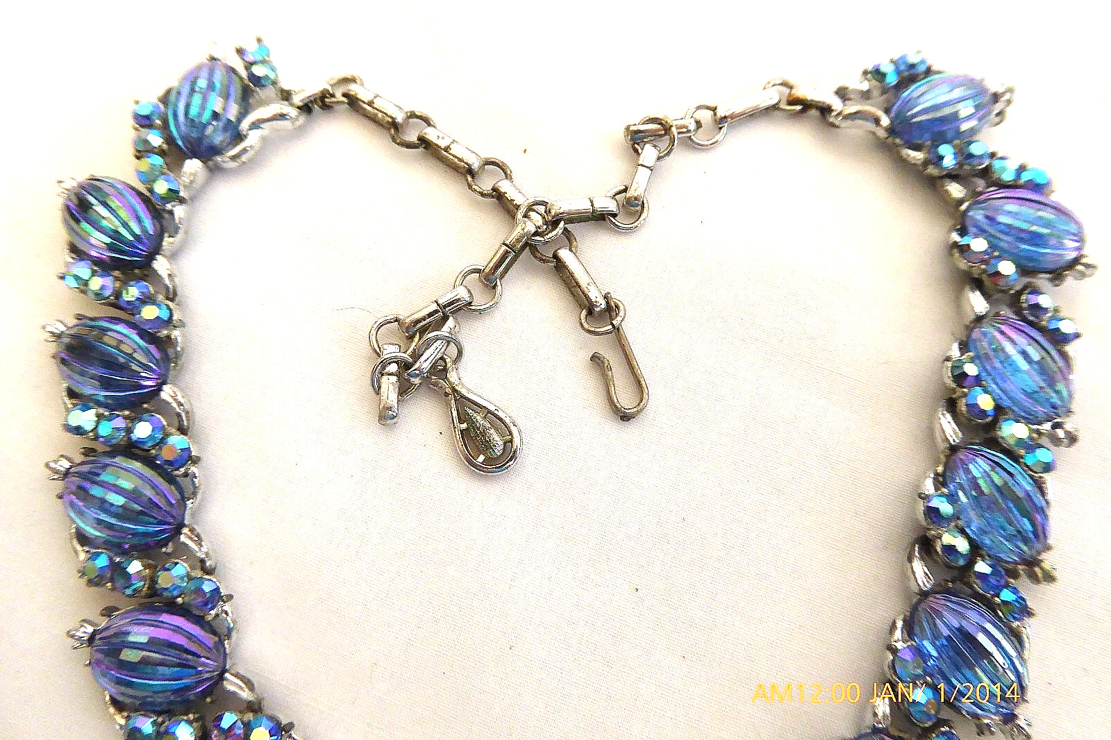 RARE VTG CORO BLUE RIBBED AB GLASS RHINESTONE NECKLACE BROOCH EARRINGS SET