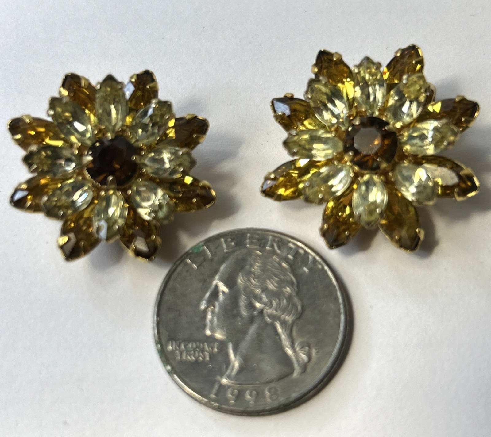Vintage Kramer Of New York Brown & Gold Rhinestone Clip-On Earrings Gold Tone