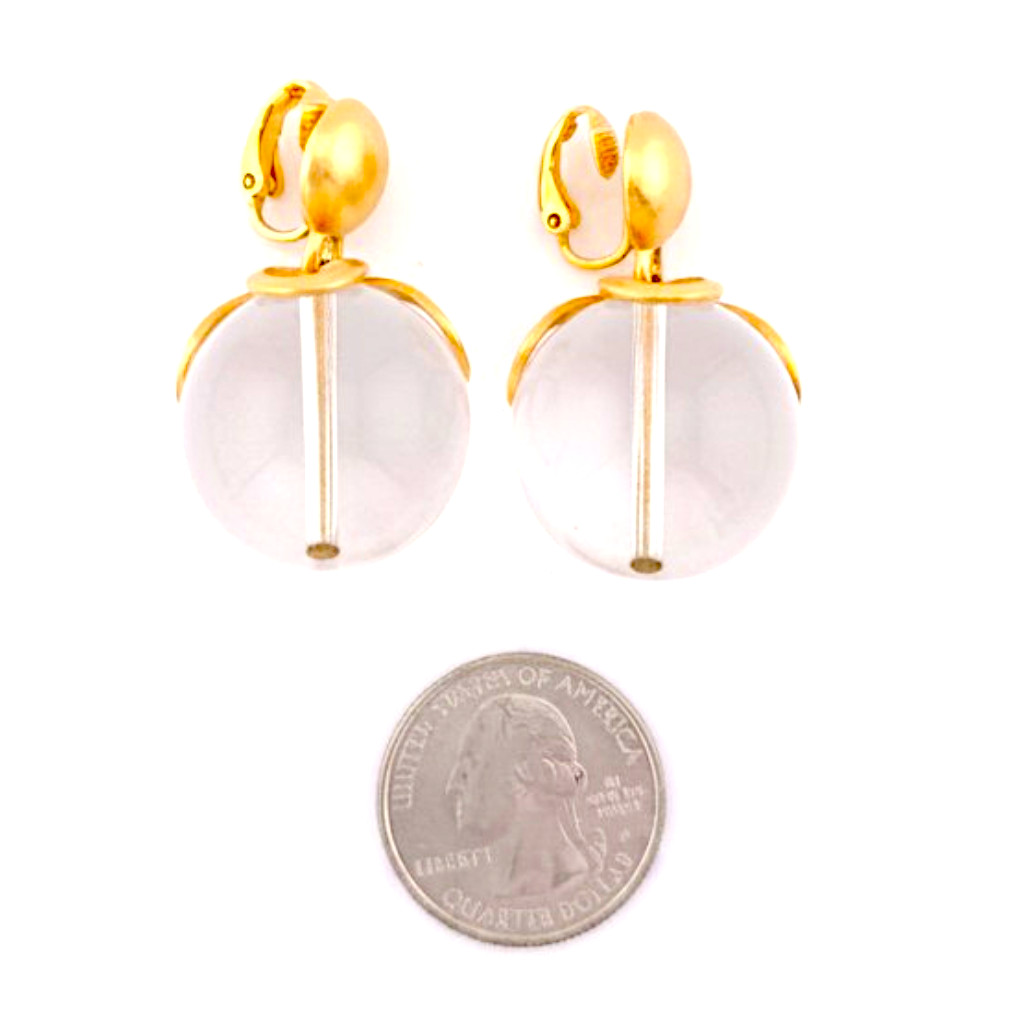 Large Lucite Orb Statement Earrings Gold Fancy Cap Pool of Light Style Retro