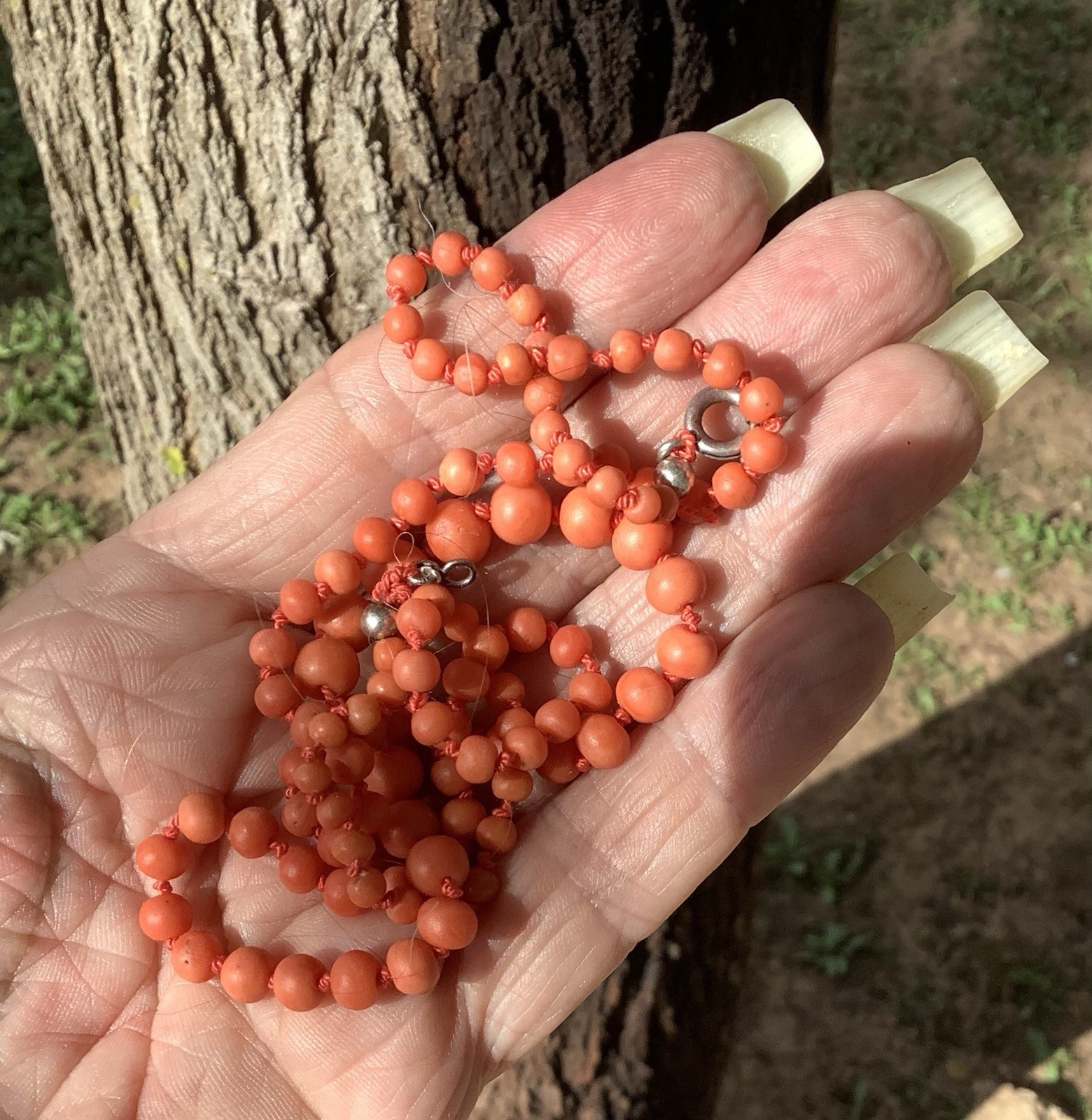 Antique Georgian Victorian Graduated Coral Bead Necklace Silver Clasp Knotted