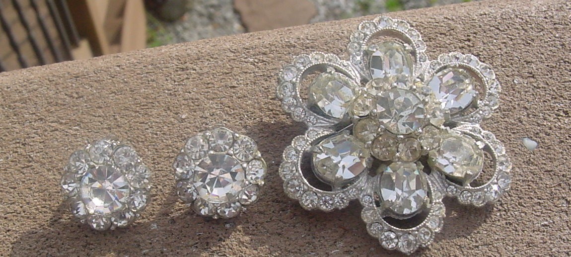Vintage Clear Rhinestone Brooch and Earing Set Silver Tone Metal