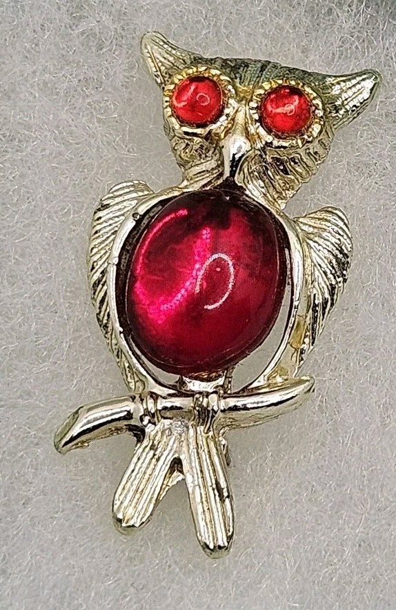 Vintage Owl Brooch Jelly Belly Red Rhinestone Eye MCM Jewelry Gold Tone Pin