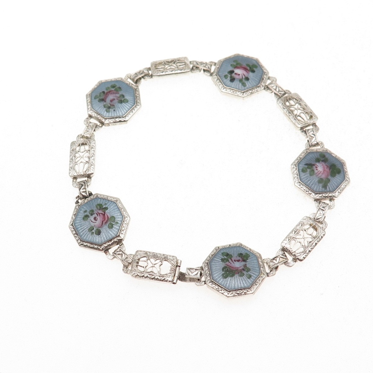925 Sterling Antique Art Deco Enamel Floral Filigree Bracelet 7.25″ missing lock