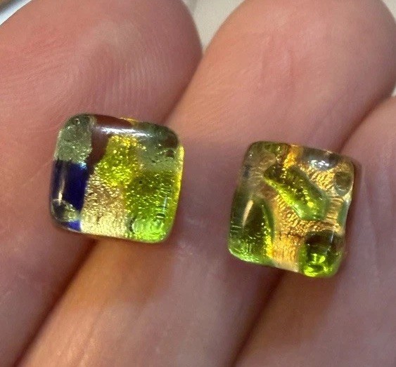VINTAGE NEON Murano Glass Earrings Green Reflecting Stud Lobe Italian GIFT SEE