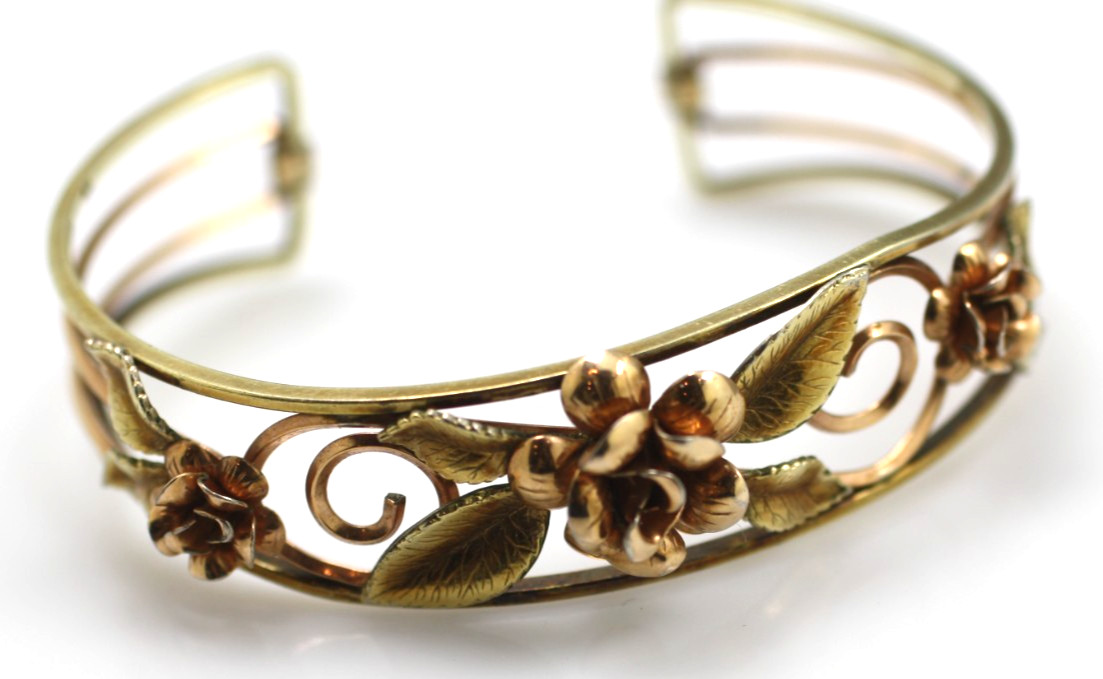 Vintage roses & yellow gold tone/ plate leafy filigree cuff bangle bracelet