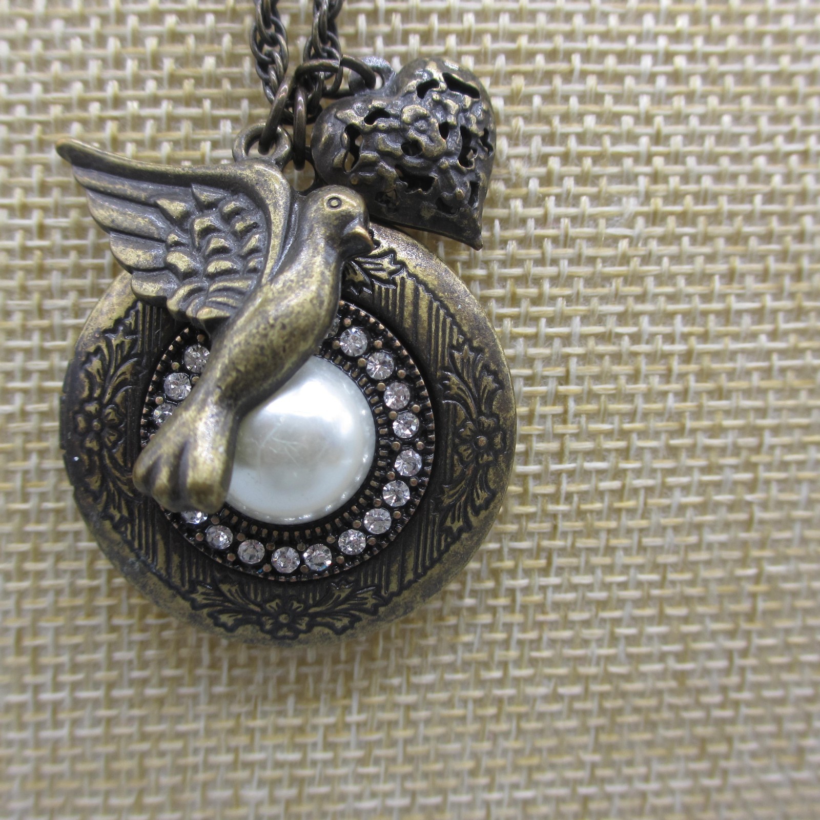 Vintage Locket Necklace Charm Pendant Heart Bird Rhinestone Bronze Tone 38 Inch