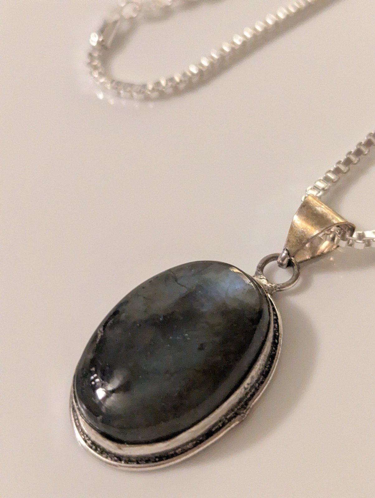 Vintage Sterling Silver Labradorite Oval Pendant on New 925 Box Chain Gift Ready