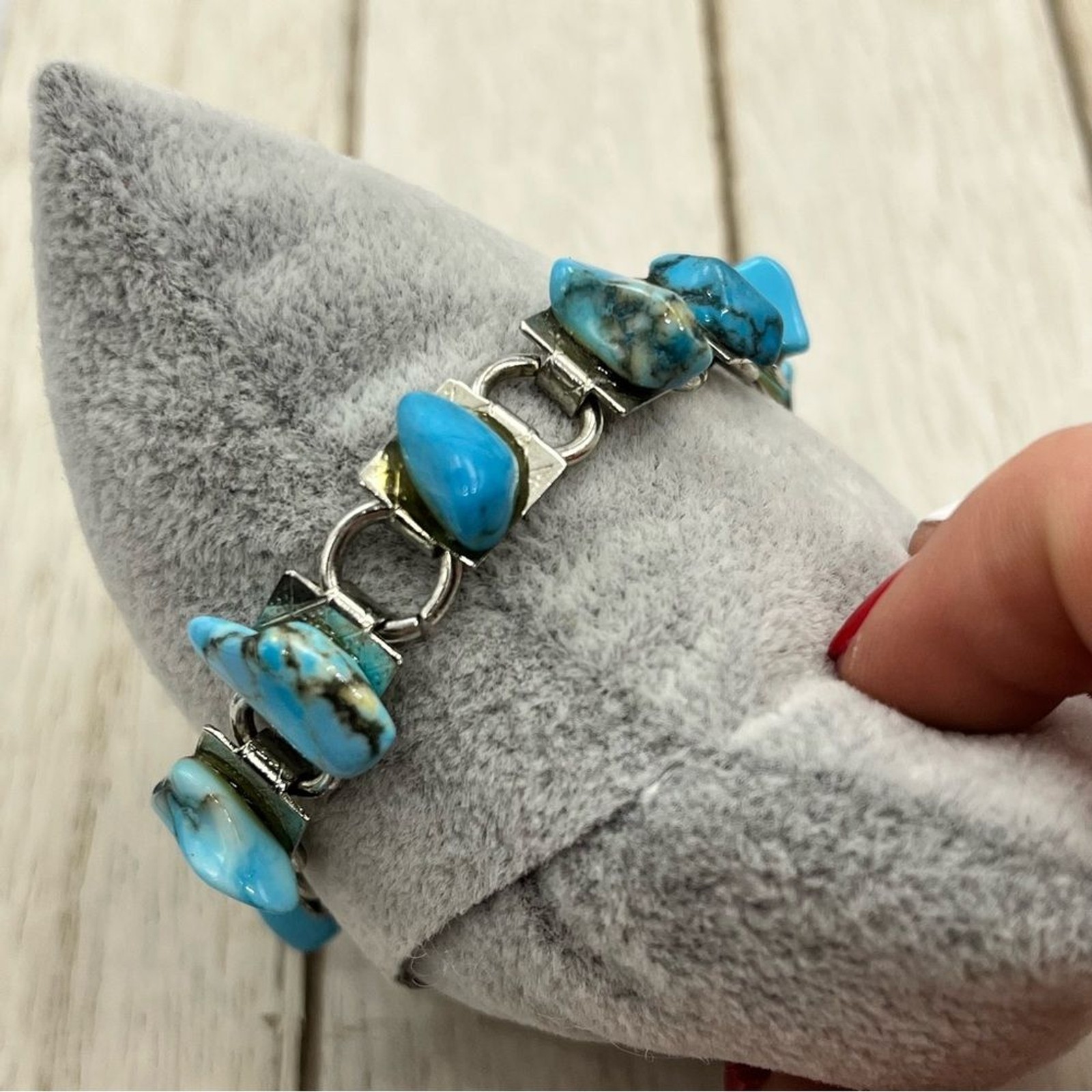 Vintage Turquoise Stone chain link Silver Bracelet