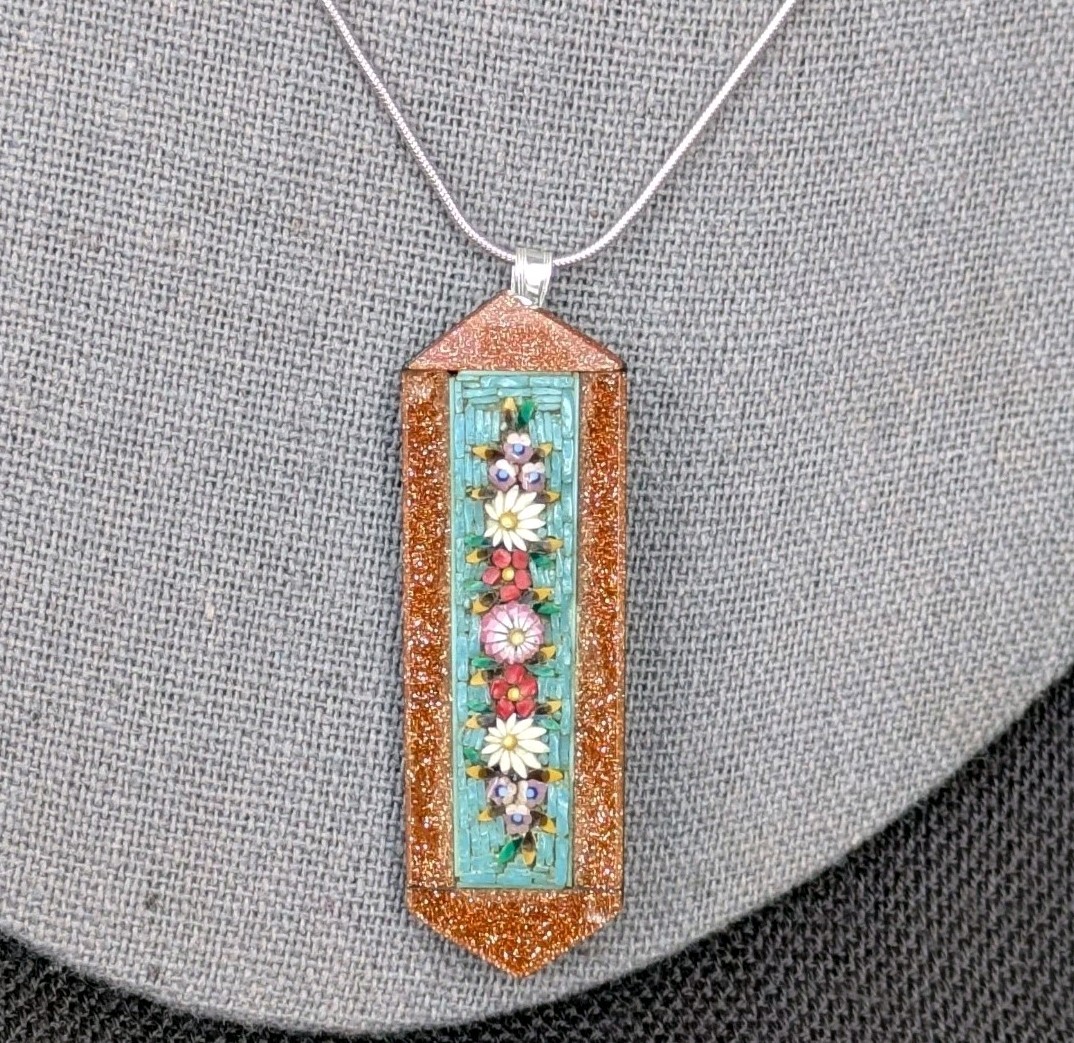 Antique Micro Mosaic Converted Pendant 16.5″ 925 Ster Silver Necklace AS IS D79