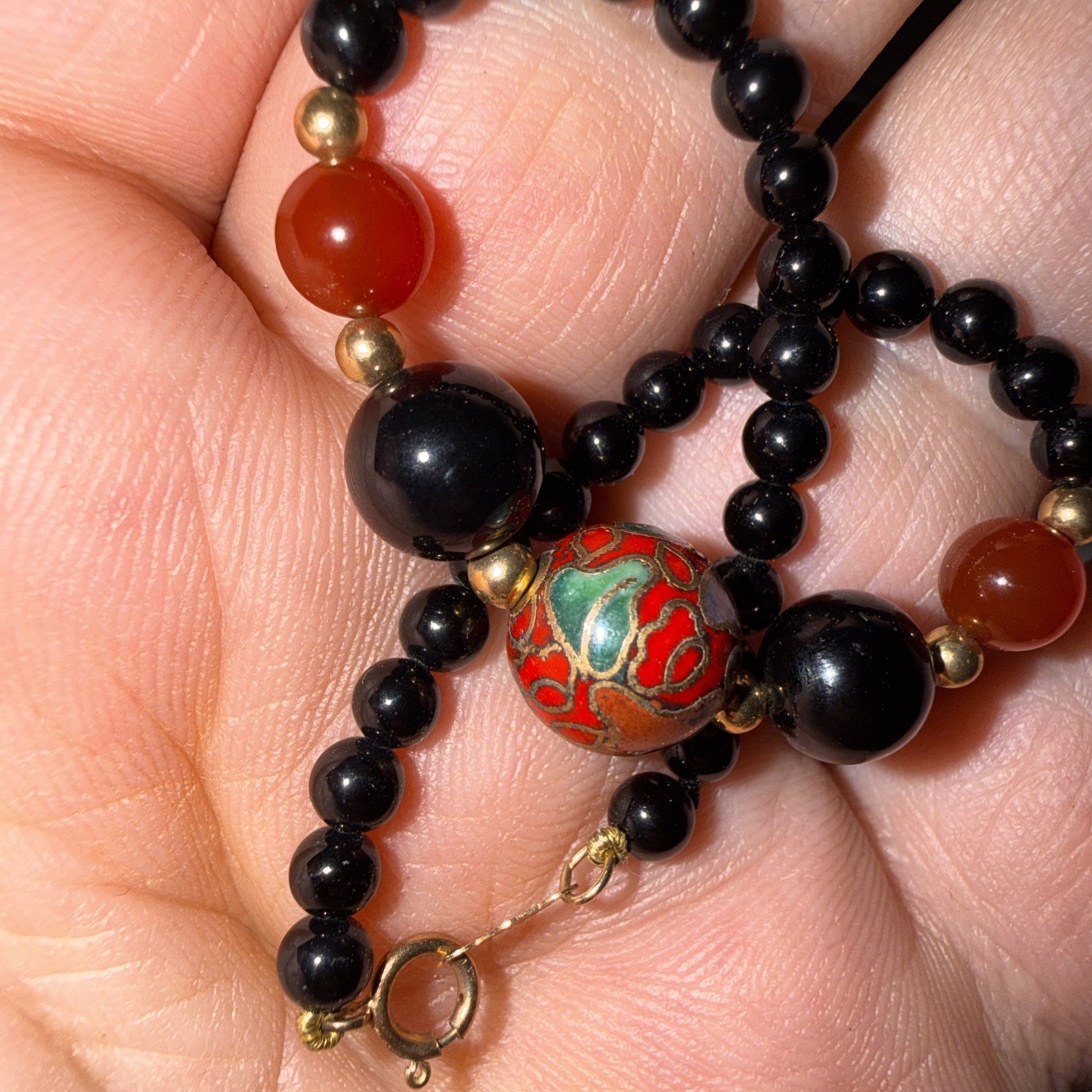 14k Gold Bracelet Black Coral Cloisonne Vintage Unused 6.75” Biggest Bead 10mm