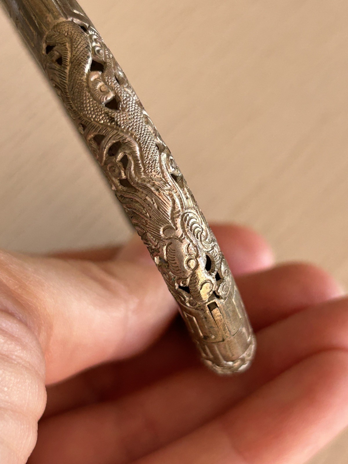 Antique Saigon Argent Dragon Silver Hinged Bangle Bracelet 1920s Art Deco
