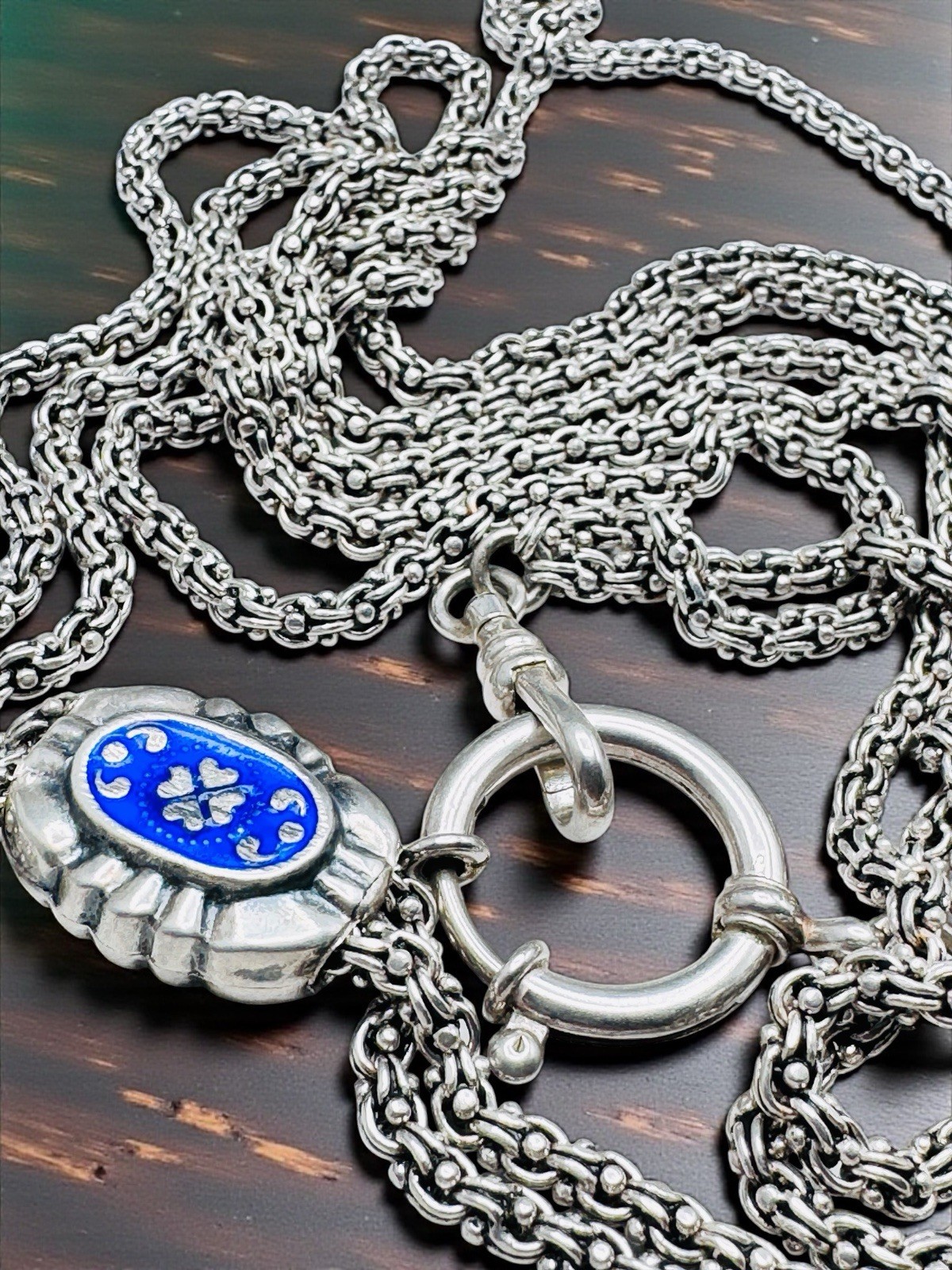 Antique Sterling Silver Fancy Long Watch Guard Chain Necklace Enamel Slide 60″