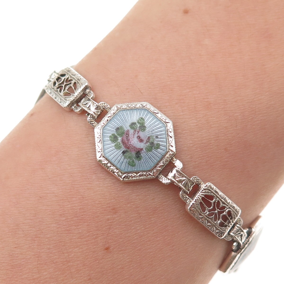 925 Sterling Antique Art Deco Enamel Floral Filigree Bracelet 7.25″ missing lock