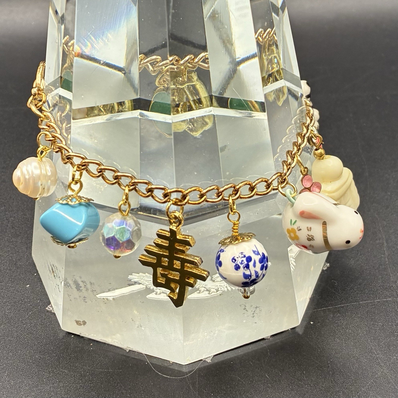 Vintage Eclectic Custom Charm Bracelet + Vtg Charms: Dog, Rabbit,Floral, Buddha+