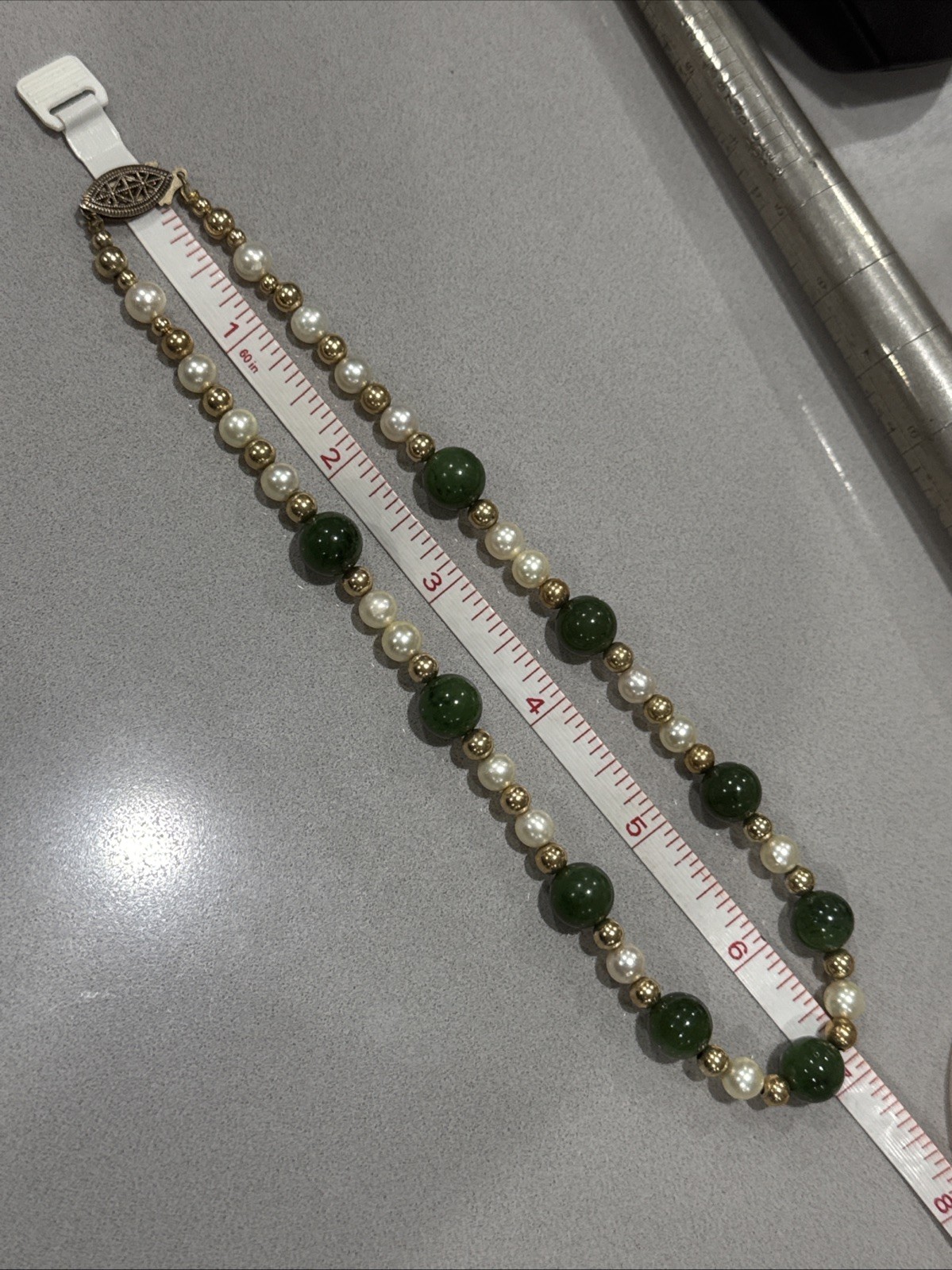 Vintage Green Jade Pearls GF Beads Sterling Filigree Gold Wash Clasp Necklace
